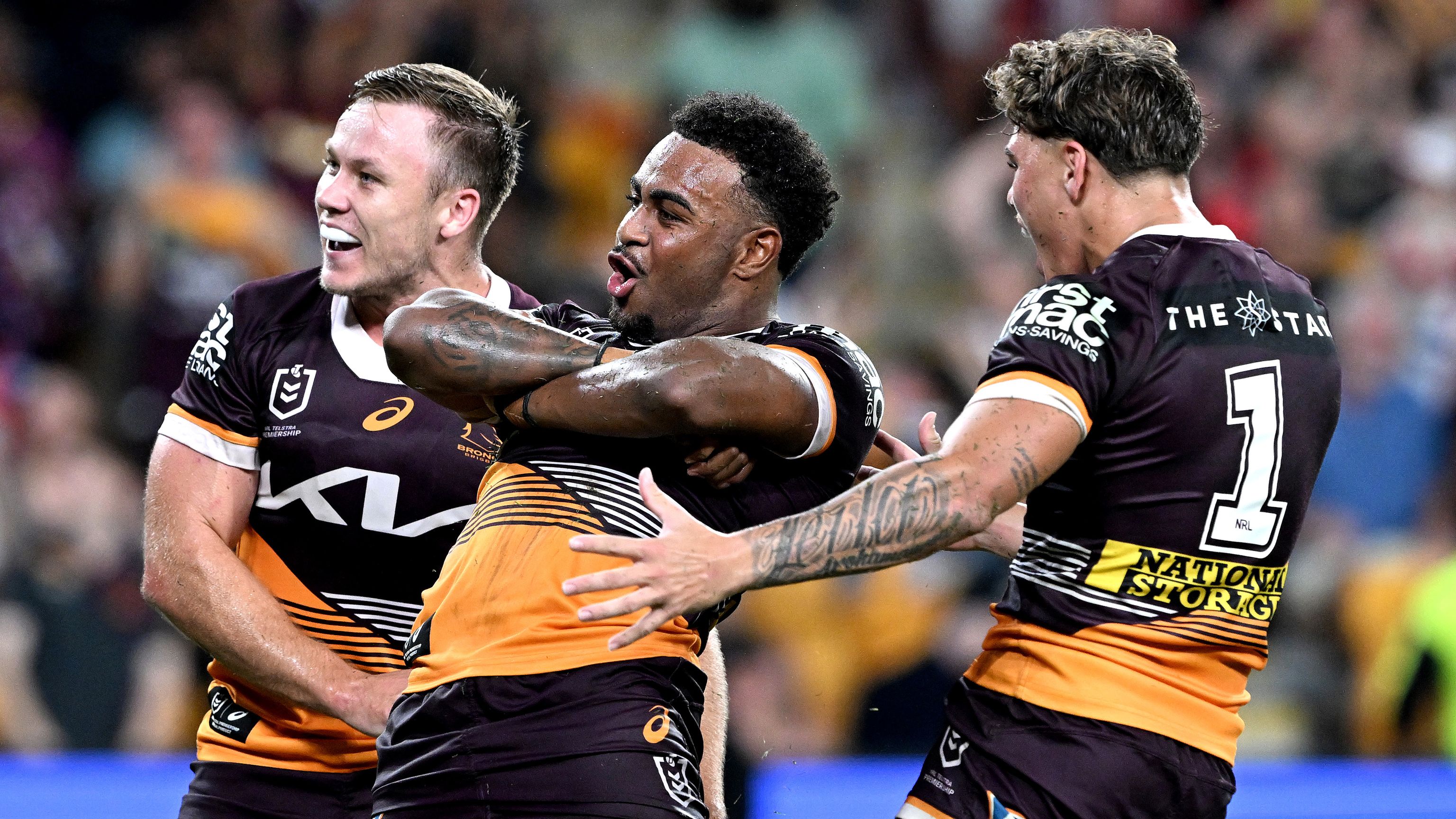 Ezra Mam of the Broncos celebrates scoring a try during the round three NRL match between Brisbane Broncos and St George Illawarra Dragons at Suncorp Stadium on March 18, 2023 in Brisbane, Australia. (Photo by Bradley Kanaris/Getty Images)