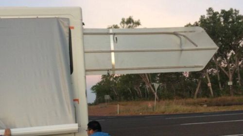 The "Katherine to Darwin" sign pierced through the cabin of the van. (9NEWS)