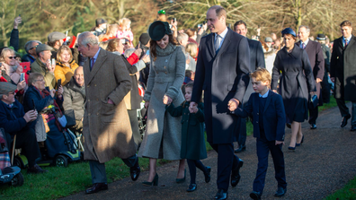 The Prince of Wales, The Duke and Duchess of Cambridge and their children Prince George and Princess Charlotte arriving to attend the Christmas Day morning church service at St Mary Magdalene Church in Sandringham, Norfolk. 