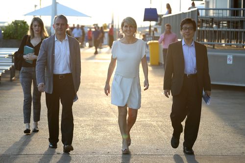 Ms Bishop arrives today at Stokes Hilll Wharf alongside Inpex general manager Bill Townsend (left) and Inpex Australia President and Director Seiya. Picture: AAP