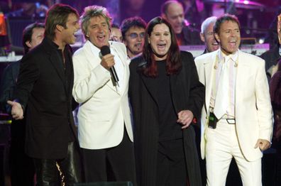 (Left to right) Ricky Martin, Rod Stewart, Ozzy Osbourne and Cliff Richard on stage during the Golden Jubilee concert at Buckingham Palace.   (Photo by Stefan Rousseau - PA Images/PA Images via Getty Images)
