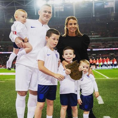 Wayne and Coleen Rooney pictured with their four boys (L - R) Cass, Kai, Klay and Kit