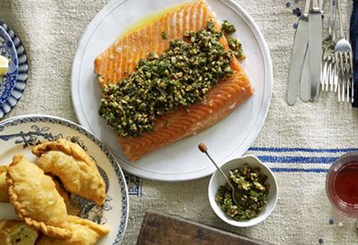 Slow-roasted ocean trout with walnut and coriander salsa