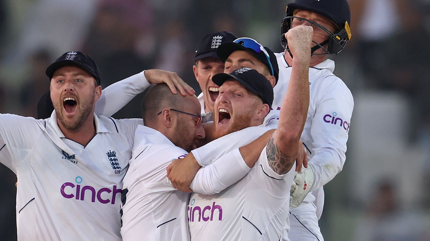 England players celebrate their first Test win over Pakistan.