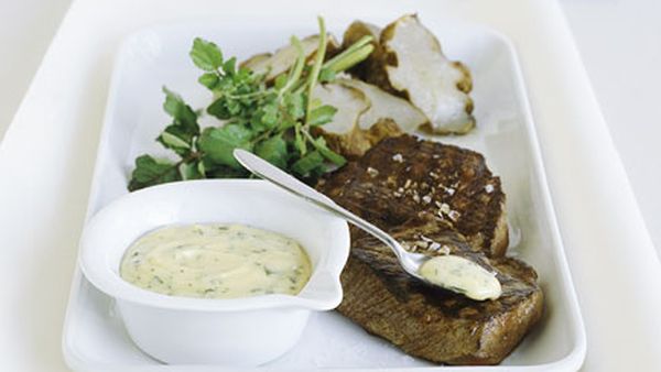 Char-grilled wagyu tri-tip with Jerusalem artichokes and olive oil and soft-herb hollandaise