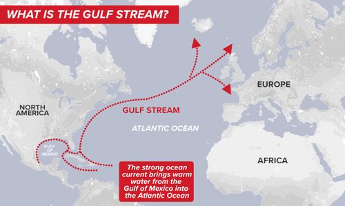 Diagram showing flow of the Gulf Stream current up the eastern seaboard of the US and Canada, in the Atlantic Ocean.