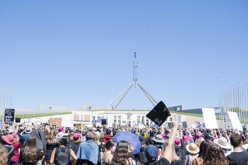 The Women's March 4 Justice movement is calling for a change in Federal Parliament, demanding politicians shine a light on allegations of sexual assault and harassment in the workplace. (Photo by Jamila Toderas/Getty Images)