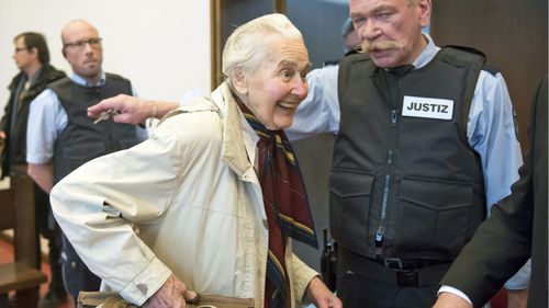  file photo Ursula Haverbeck, accused of hate speech, arrives in the court room of the District Court in Detmold for a appeal hearing, Germany. (AP)