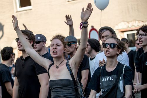 Protesters have made their voices heard outside the festival in Ostritz. (AAP)