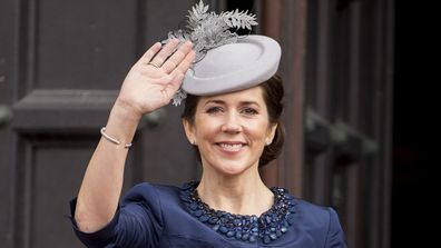 Crown Princess Mary of Denmark leaves the Town Hall after lunch during festivities for the 75th birthday of Queen Margrethe in 2015.