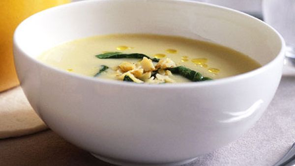 Potato soup with baby cavolo nero and lemon oil