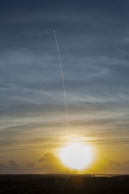 A Space X rocket arcs across the sky after launch.