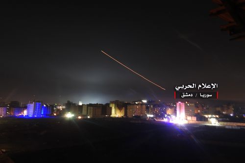  A handout photo made available by government-affiliated Syrian Military Media is said to show Syrian air defense missiles intercepting missile strikes over Damascus, Syria, 09 May 2018 (issued 10 May 2018). According to Syrian official media reports, the air defense was responding to a new wave of Israeli missile strikes. EPA/SYRIAN MILITARY MEDIA HANDOUT 