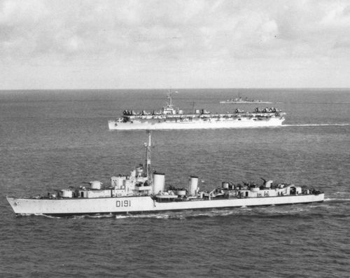 HMAS Bataan in company with USS Bataan off the Korean coast in 1951.