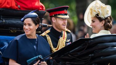 The trio ride by carriage down the Mall during Trooping The Colour, the Queen's annual birthday parade, on June 08, 2019.