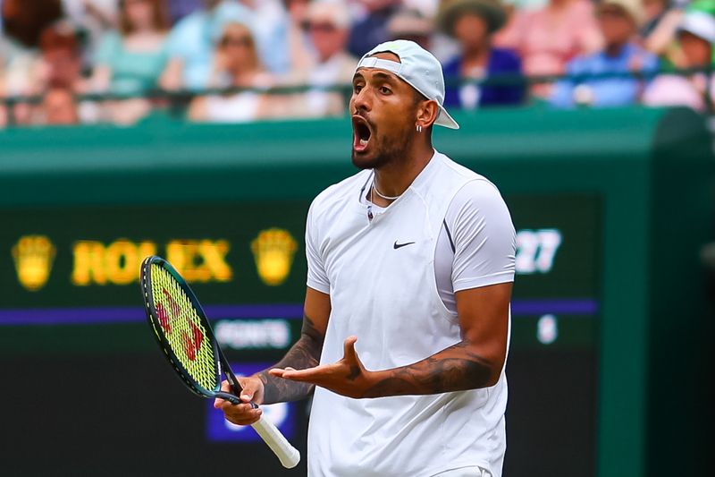 Nick Kyrgios reacts to a call during his Wimbledon quarter-final victory over Cristian Garin.