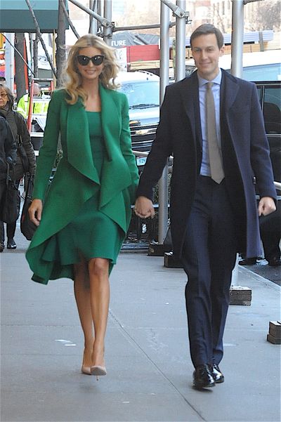 Ivanka and husband Jared Kushner hit the ground running pre Inauguration festivities. Ivanka wore an emerald dress with a matching coat ensuring that all eyes were on her.