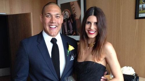 Geoff Huegill and his wife Sara in the Moet suite at the Royal Randwick Racecourse. 