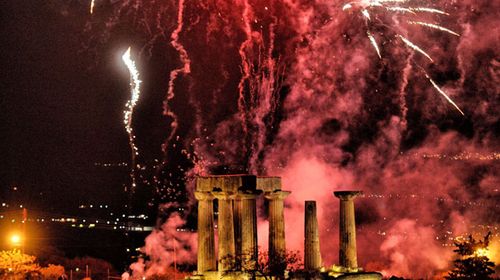 Fireworks illuminate the sky over the temple of Apollo during celebrations of the Greek Orthodox Easter Sunday in ancient Corinth, Greece. (AP).