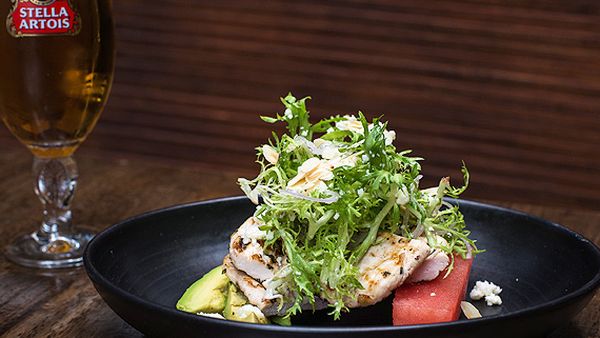Warm chicken and watermelon salad with beer match