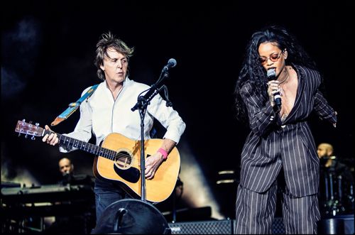 Paul McCartney performs with Rihanna at Desert Trip Weekend 2 at the Empire Polo Field on October 15, 2016 in Indio, Calif. (Getty Images)