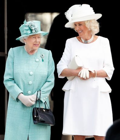 Queen Elizabeth II and Camilla, Duchess of Cornwall attend the Ceremonial Welcome in the Buckingham Palace Garden for President Trump on June 3, 2019 