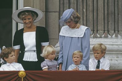 Princess Michael of Kent, Diana, Princess of Wales  (1961 - 1997) and Prince William pose on the balcony of Buckingham Palace in London for the Trooping the Colour ceremony, June 1984.  Diana is wearing a dress by Jan Van Velden. (Photo by Jayne Fincher/Princess Diana Archive/Getty Images)
