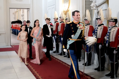 Prince Joachim of Denmark, Princess Marie, Count Felix, Count Henrik and Countess Athena arrive at Christiansborg Palace for Prince Christian's 18th birthday, Sunday October 15 2023, in Copenhagen.