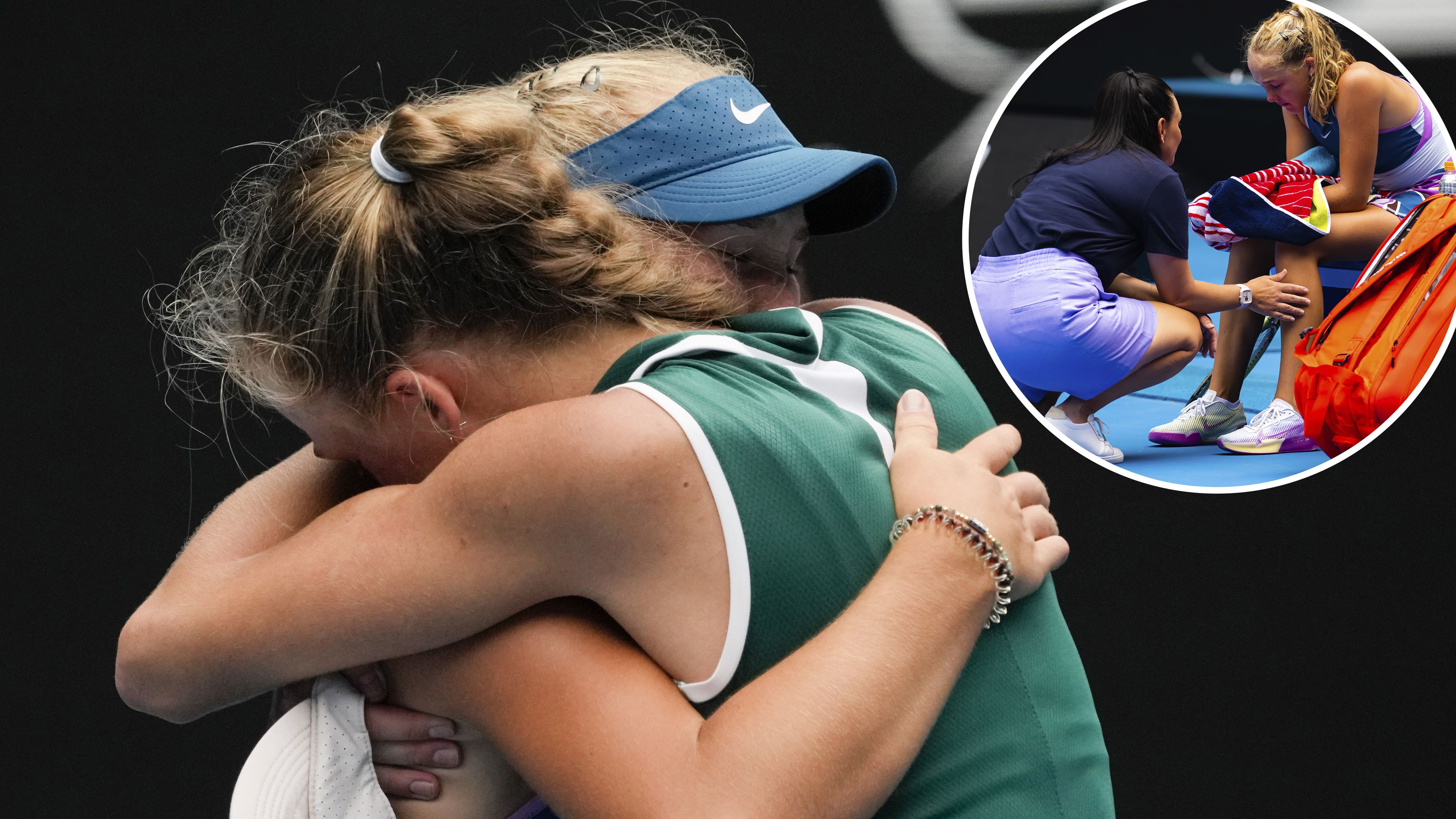 Alina Korneeva, left, of Russia embraces compatriot Mirra Andreeva after winning the girls&#x27; singles final at the Australian Open.