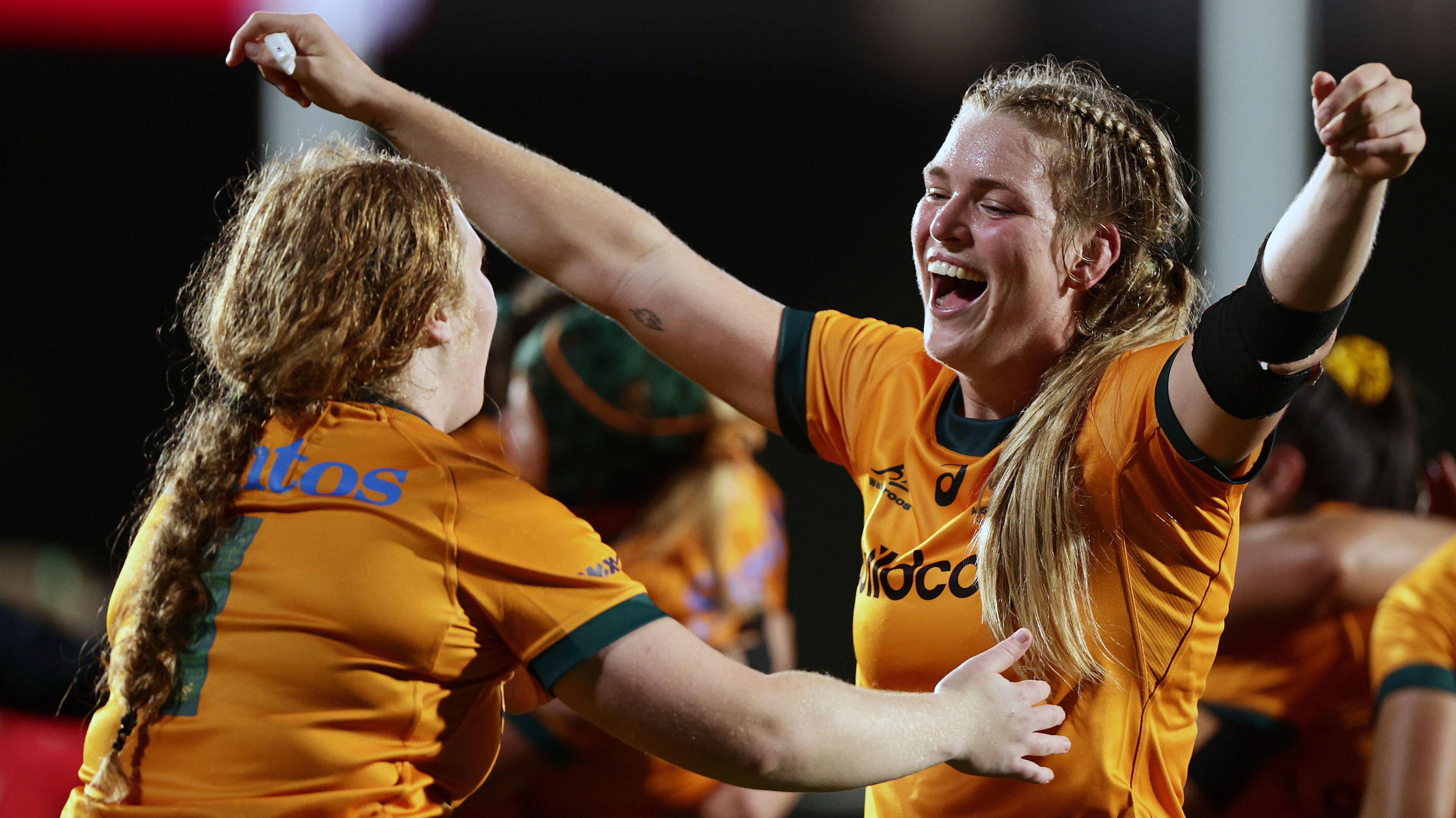 AUCKLAND, NEW ZEALAND - NOVEMBER 03: Kaitlan Leaney of Australia celebrates victory in the WXV1 match between Australia Wallaroos and Wales at Go Media Stadium Mt Smart on November 03, 2023 in Auckland, New Zealand. (Photo by Dave Rowland/Getty Images)