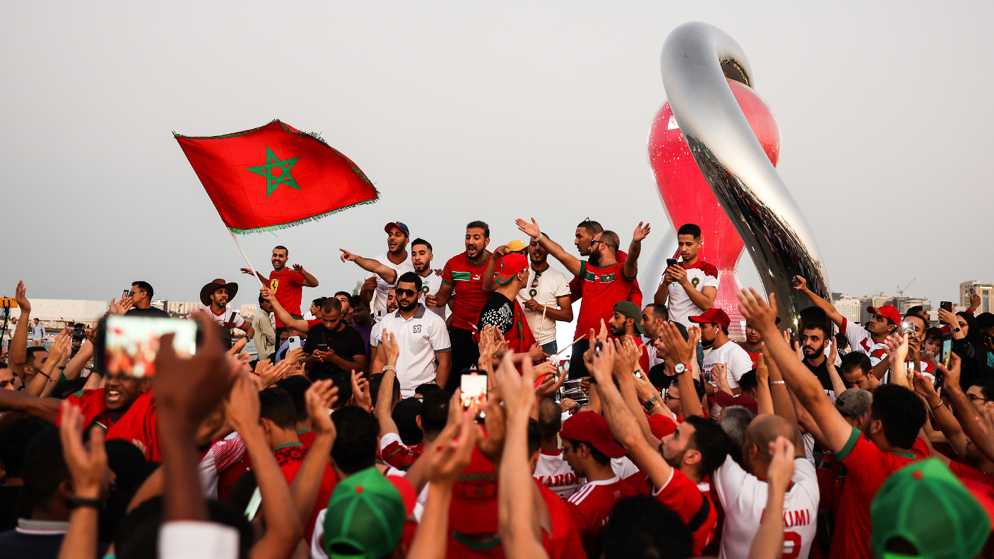 A crowd of Moroccan fans father at the Corniche Waterfront ahead of the FIFA World Cup.