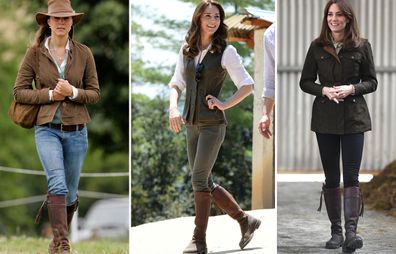 Kate Middleton wearing Penelope Chilvers boots at (L-R) Festival of British Eventing at Gatcombe Park in August 2005, hiking to Paro Taktsang, the Tiger's Nest monastery in Bhutan in 2016, visit to Teagasc Research Farm in Ireland in March 2020  