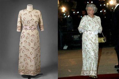 This John Anderson silk evening gown is embroidered with beads and sequins in white, pink, gold and cream. It was worn by Queen Elizabeth II to the Commonwealth Heads of Government reception held at the Palace of Holyroodhouse in 1997.