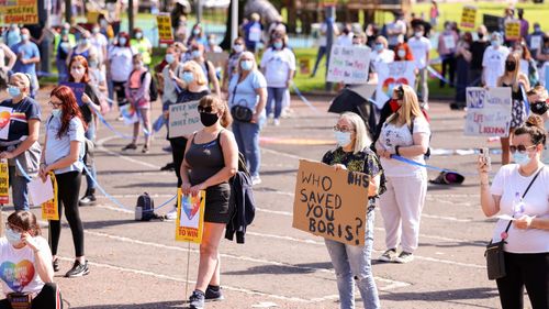 Nurses and other frontline NHS workers stage a protest Glasgow Green after being left out of a public sector pay rise on August 08, 2020 in Glasgow, United Kingdom