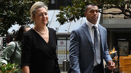Kurtley Beale arrives at the Downing Centre District Court with barrister Margaret Cunneen.