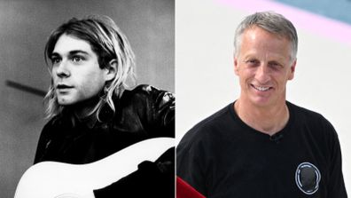 Kiri: Rekaman Kurt Cobain di Hilversum Studios, Belanda, pada November 1991. Kanan: Tony Hawk menjelang final skateboard pria di Olimpiade 2024 di Paris, Prancis, pada Agustus 2024. 