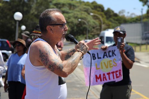 First Nations activist Ken Canning addresses the rally outside the jail.