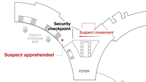 A map of the terrace level above the ballroom, with markers showing where the suspect charged a security checkpoint and was apprehended.
