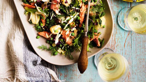 Smoked rainbow trout with soft herbs and lemon salad cream