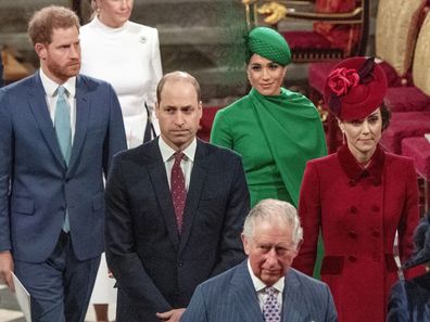 Prince William with Kate, Duchess of Cambridge, and Prince Harry with Meghan Duchess of Sussex, as they leave the annual Commonwealth Service at Westminster Abbey in London in March 2020.