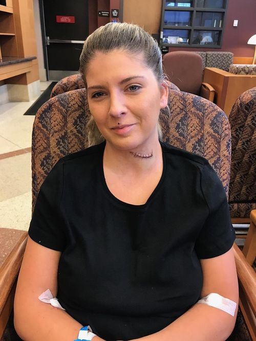 Kendra Jensen is warning others of the dangers of being near lawn mowers when  they are operating, after she was seriously injured by flying shrapnel.