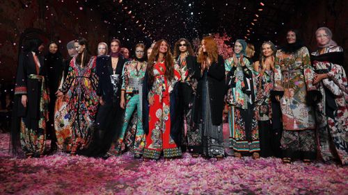 Silk pyjama suits and statement dresses were all given a Japanese twist, combining the style of a Camilla kaftan with a traditional Japanese kimono, worn by models of all ages and ethnicities. Picture: AAP