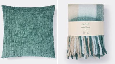 Openook rouched velvet cushion, Elsie check throw from Big W in green