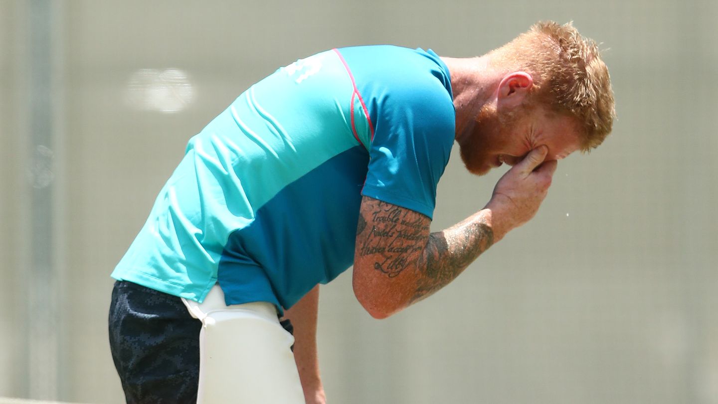 Ben Stokes after being hit during an England Ashes nets session at The Gabba on Sunday.