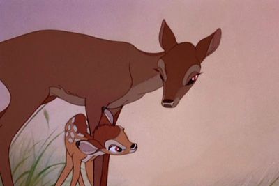 Textbook example of the "kill the protagonist's parent" plot point that cracks even the hardest of hearts.  We never actually see Bambi's mum get shot by the hunters; that scene was cut from the movie because the filmmakers rightly knew it was sad enough seeing Bambi get told she'd been killed. Imagine how depressing that would've been!
