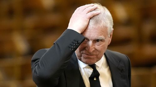 Prince Andrew arrives for the funeral of the Duchess of Kent at Westminster Cathedral in London.