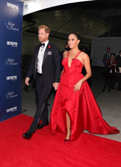 NEW YORK, NEW YORK - NOVEMBER 10: Prince Harry, Duke of Sussex, and Meghan, Duchess of Sussex attend as Intrepid Museum hosts Annual Salute To Freedom Gala on November 10, 2021 in New York City. (Photo by Theo Wargo/Getty Images for Intrepid Sea, Air, & Space Museum)