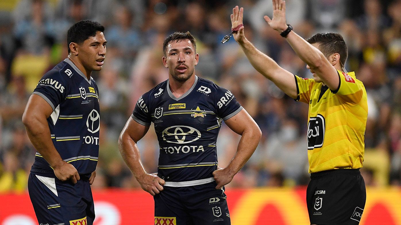 Reece Robson of the Cowboys is sent to the Sin Bin during the round 15 NRL match between the North Queensland Cowboys and the Cronulla Sharks at QCB Stadium, on June 18, 2021, in Townsville, Australia. (Photo by Ian Hitchcock/Getty Images)