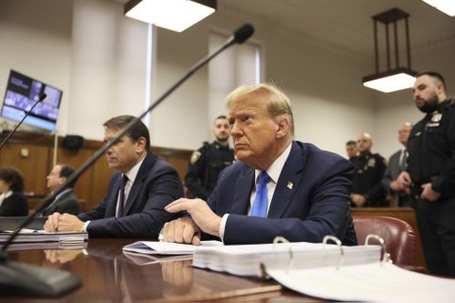 Former US President Donald Trump appears at Manhattan criminal court during jury selection in New York, Thursday, April 18, 2024. 