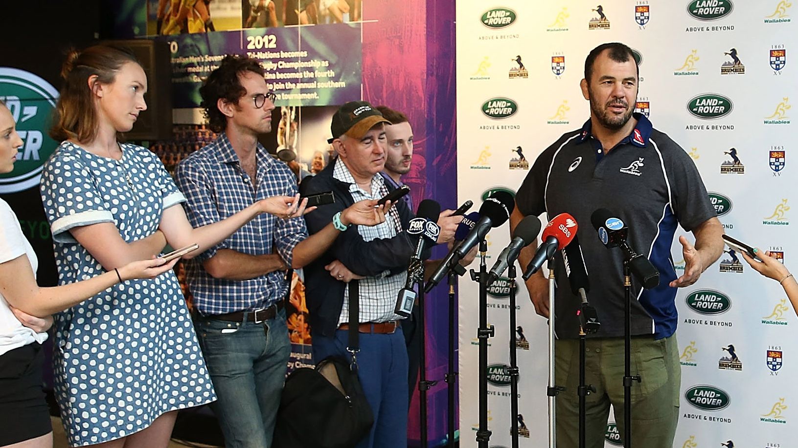 Michael Cheika speaks to the media during an Australian Wallabies media opportunity at Rugby Australia HQ in 2018. 